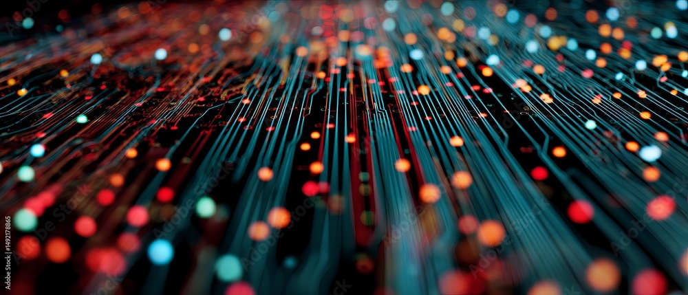 Poster high-resolution seamless abstract printed circuit board background with glowing electronic dot matri