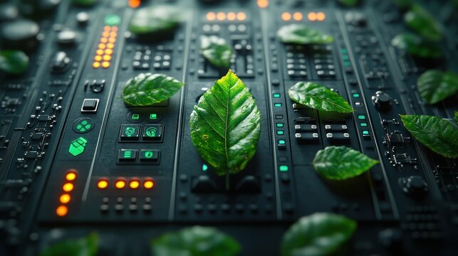 Futuristic technology panel with vibrant green leaves
