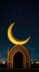 Fototapeta premium Golden crescent moon over ornate archway against starry night sky