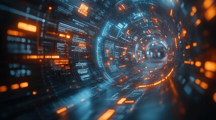 Obraz premium Futuristic tunnel with glowing data streams