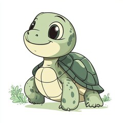 Fototapeta premium cute smiling baby turtle with big eyes walking near small green plants on white background