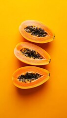 Three Slices of Fresh, Ripe Papaya Arranged Vertically on a Vibrant Yellow Background