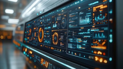 Futuristic wall-mounted interactive display with multiple data screens