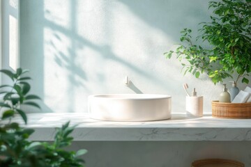 Fototapeta premium Minimalist bathroom sink area with circular white basin, toothbrush holder, liquid soap dispenser, tissue basket, and green plants under soft natural light