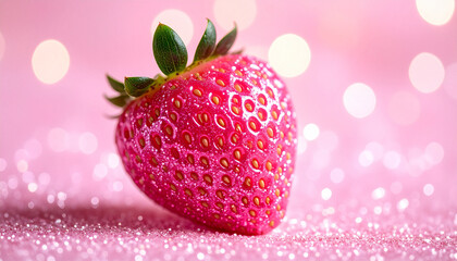 realistic glitter strawberry on pink background in y2k style