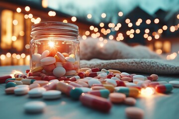 Brightly colored candies spill from a glass jar surrounded by warm lights in a cozy atmosphere during a twilight gathering Generative AI
