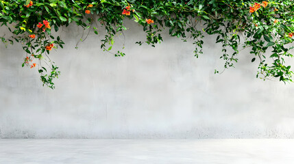Gray Concrete Wall Decorated With Orange Flowers And Green Vines