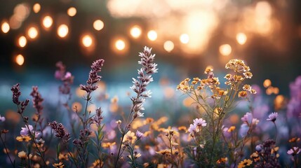 Colorful wildflowers bloom under warm, glowing lights during enchanting twilight moments in a serene outdoor setting Generative AI