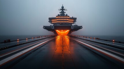 Majestic aircraft carrier illuminated in misty twilight with glowing deck leading into the sea Generative AI