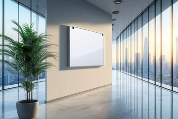 Modern office corridor with large glass windows overlooking city skyline at sunset, featuring a tall green potted plant and a blank whiteboard on the wall