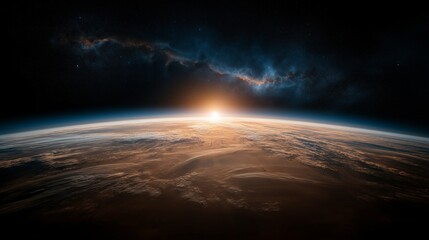 Celestial dawn breaks over a tranquil Earth, revealing a cosmic ballet of colors in the vastness of space Generative AI