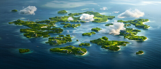 Aerial View Of Lush Tropical Islands In Ocean With Clouds