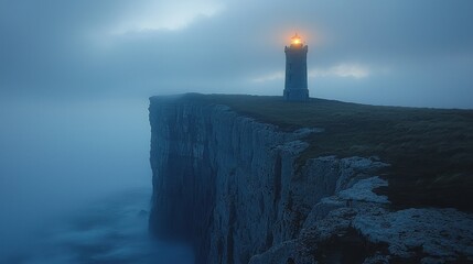 Misty lighthouse on cliff