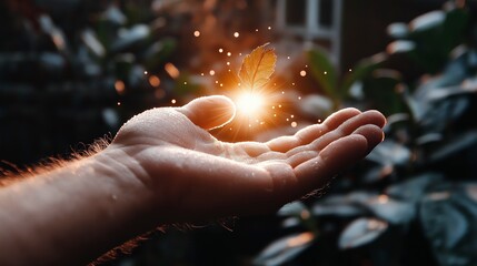 Capturing the magic of nature as a hand releases light and hope while surrounded by lush greenery during a serene afternoon Generative AI