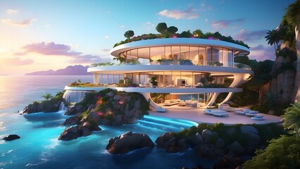 A radiant AI-controlled villa on a glowing island with vibrant self-sustaining ecosystems, Cinematic theme, HDR, Vibrant 