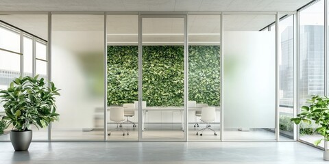 Zen-inspired office with neutral colors, living plant walls, and a glass meeting room with frosted privacy stripes