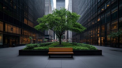Lush green tree stands proudly in an urban courtyard surrounded by towering skyscrapers during a sunny afternoon Generative AI
