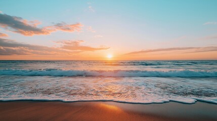 Sunset over the tranquil ocean creates a serene atmosphere at the beach as waves gently wash ashore in the evening light Generative AI