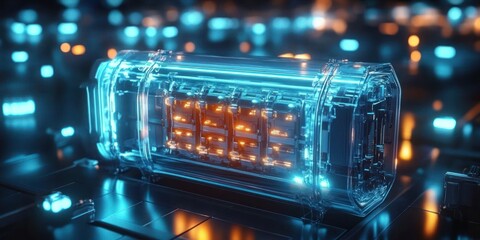 Futuristic digital countdown timer glowing with blue and orange neon lights encased in transparent casing on a dark circuit-like surface