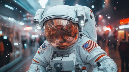Astronaut explores a vibrant futuristic city illuminated by colorful lights at night, creating a unique contrast of space and urban life Generative AI