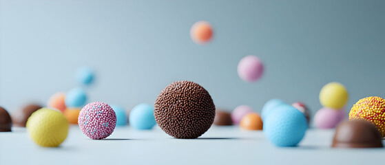 Colorful Assorted Chocolate Balls On Light Blue Background