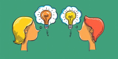 A creative brainstorming session, illustrated as vector people exchanging ideas with thought bubbles.