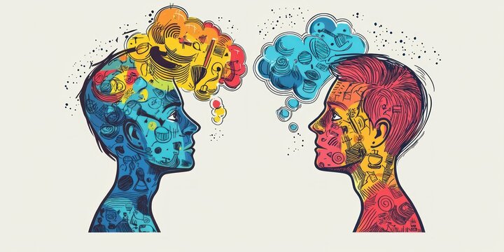 A creative brainstorming session, illustrated as vector people exchanging ideas with thought bubbles.