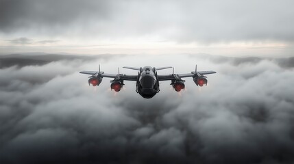 Military aircraft soaring above dense clouds during a dramatic sky at twilight, showcasing powerful jet engines in action Generative AI