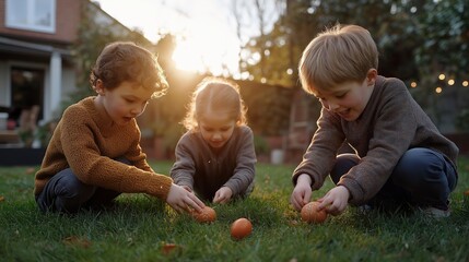 Children joyfully hunt for colorful eggs in a sunlit garden during a vibrant spring afternoon Generative AI