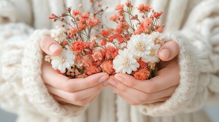 Hands delicately holding vibrant flowers radiating beauty and warmth on a cozy day in a serene setting Generative AI