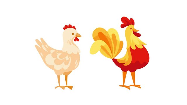 Animated hen and rooster on white and green screen background