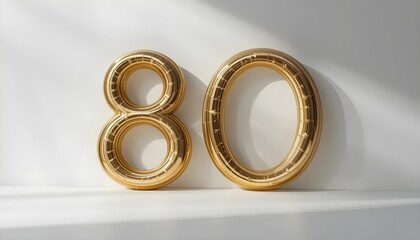 Golden Number 80 Balloons Against a White Background