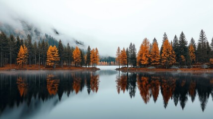 Enchanting autumn reflections in a serene lake surrounded by golden trees and misty mountains at dawn Generative AI