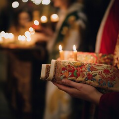 Ceremonial gathering in a dimly lit sanctuary with candles and vibrant textiles held by participants Generative AI