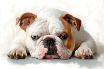 close-up of a resting bulldog lying down with a sleepy and relaxed expression on a light background