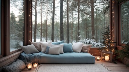 Cozy winter retreat featuring soft blankets and glowing candles amidst a serene forest landscape Generative AI