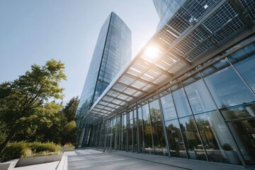 Modern architecture showcased in a sleek glass building with solar panels surrounded by greenery on a sunny day