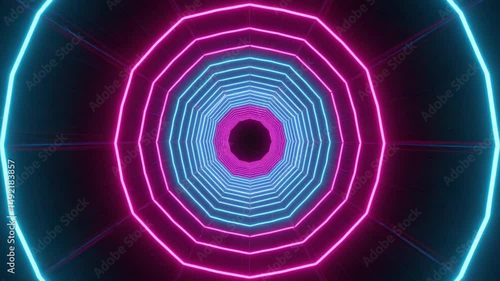 Poster flying through geometric tunnel of neon light shapes loop animation
