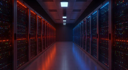 Fototapeta premium server room, data center, servers, Illuminated Server Room Corridor