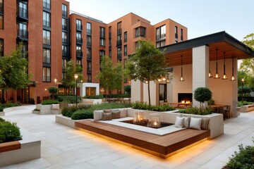 Modern outdoor lounge area in an urban residential building with cozy seating and fire features