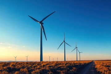 Row of large wind turbines standing tall on a dry shrub-covered landscape under a clear blue sky during golden hour