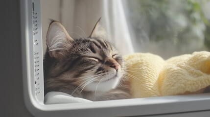 Cozy feline enjoying a sunny afternoon by the window with a soft blanket in a serene home environment Generative AI