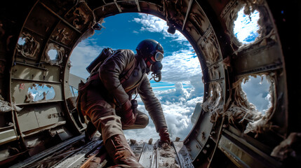 An airborne soldier jumps out of a military aircraft mid-air. The concept of courage, tactical operations, military training, and high-risk airborne deployment. Generative AI.