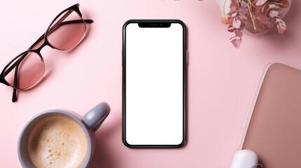 Smartphone with blank screen on pink desk with coffee, glasses, and flowers for work or leisure setup.