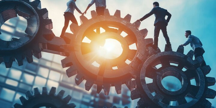 A team of business professionals navigating a gear system, signifying the importance of structured workflows in business.