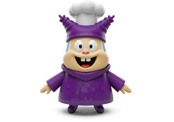 Cartoon Character in Purple Chef Outfit with Chef Hat – Fun and Colorful Animation for Kids, Cooking, and Character Design Themes

