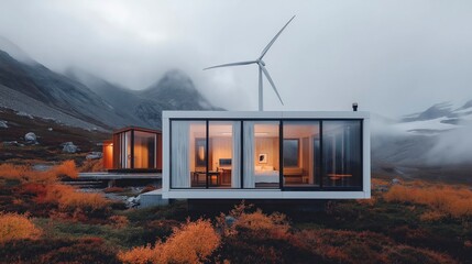 Contemporary mountain retreat surrounded by autumn foliage and misty peaks at dusk Generative AI
