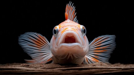 Intriguing underwater creature displays vibrant colors and unique features while perched on sandy ocean floor Generative AI