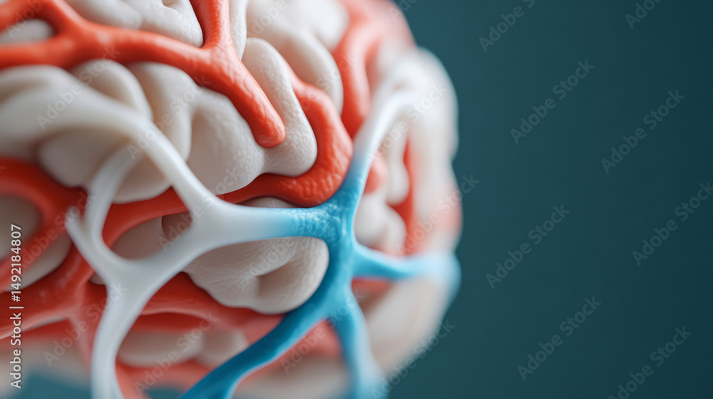 Poster close-up view of human brain with colorful neural connections and textured surface