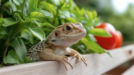 Curious lizard exploring a vibrant garden with lush greenery and ripe red tomatoes on a sunny day Generative AI